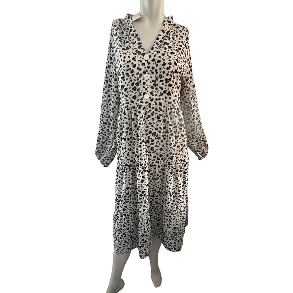 C+D+M Collection Midi‎ Dress L Animal Print Tiered Casual Boho Chic Lightweight
